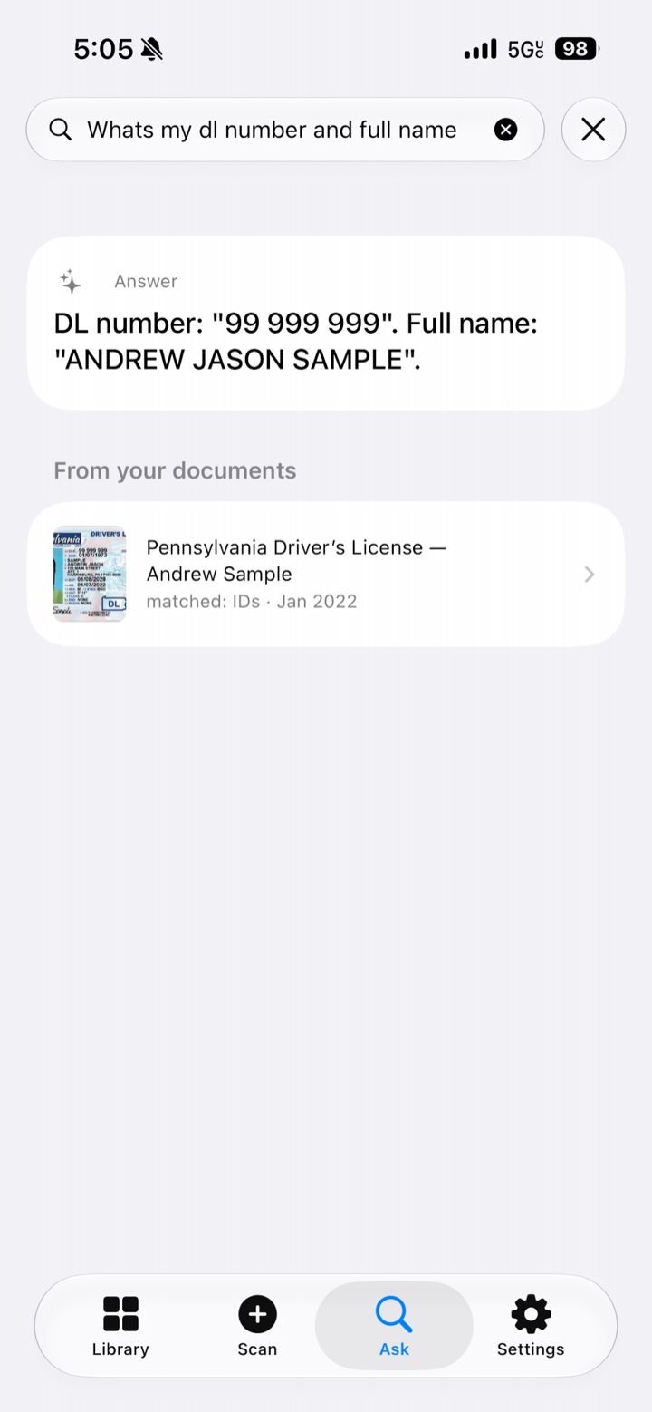 Paperlock's Ask screen answering a question, with the matching document shown underneath