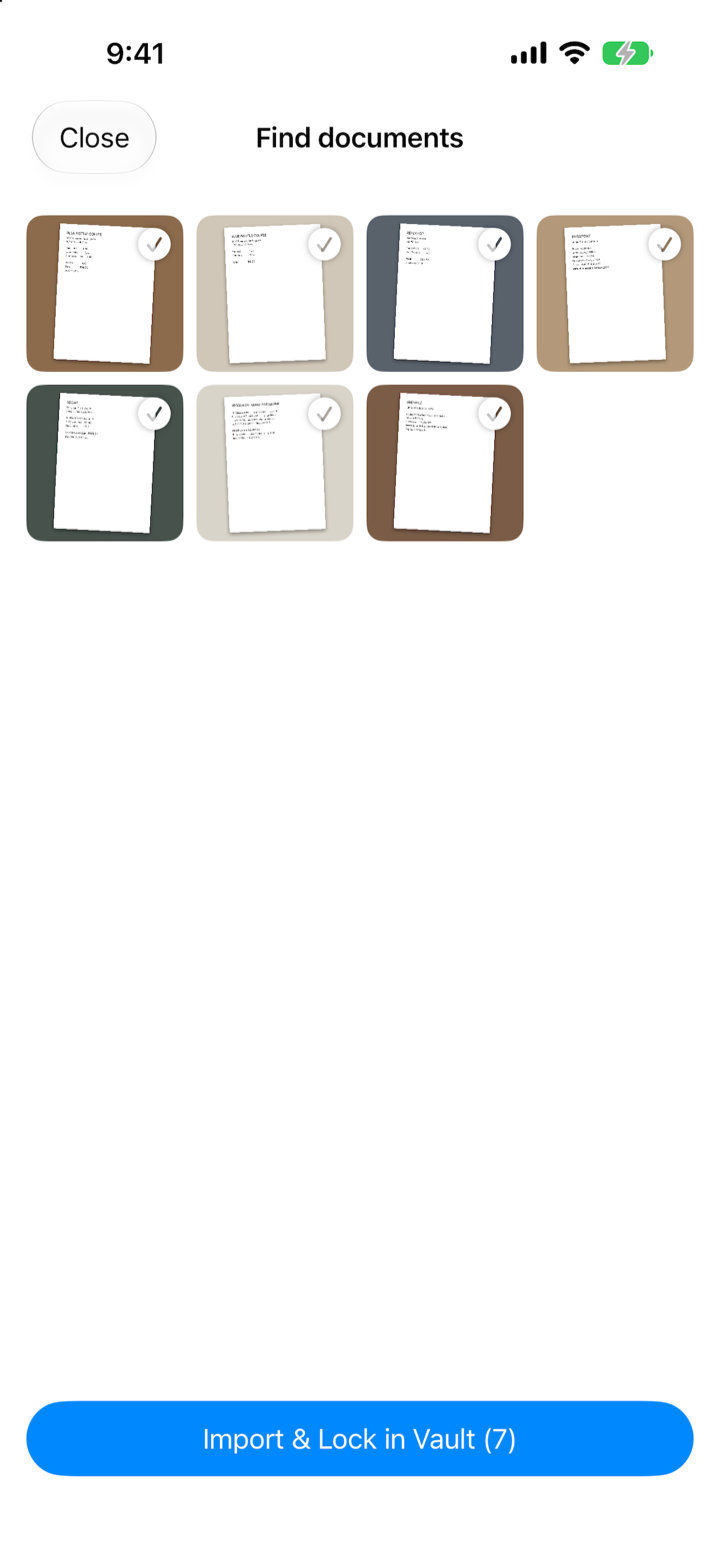Paperlock's Find documents screen showing documents found in the photo library, with an Import and Lock in Vault button